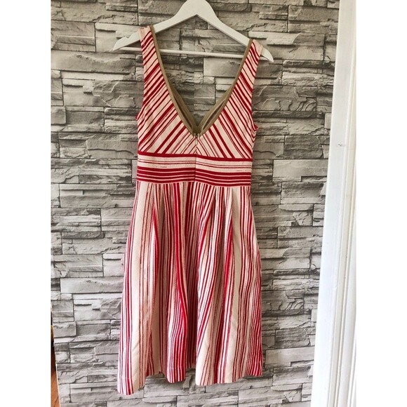 Anthropologie Postmark Poppy Stripe Dress Size 8 Fit and Flare Red with Pockets - Picture 2 of 11